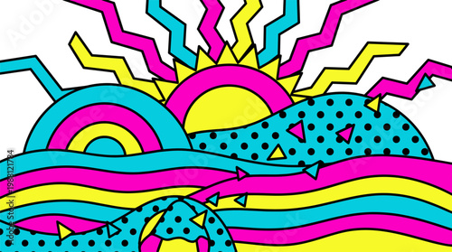 Bold Stylized Sun Over Nested Semicircle Landscape, Pop Surrealism Flat Illustration with Bold Outlines and Retro Shapes