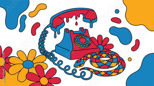 Vintage Melting Telephone with Snake Cord and Stylized Daisies Pop Surrealism Flat Illustration with Bold Outlines