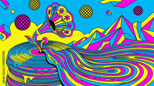 Melting Vinyl Records Landscape Pop Surrealism Flat Illustration with Bold Outlines and Retro Geometric Shapes