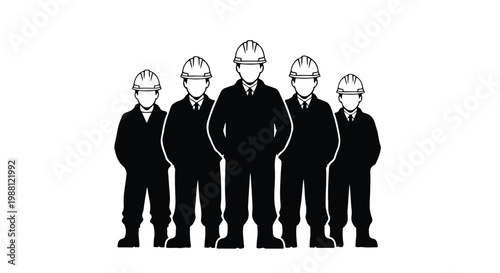 Group of five professional businesspeople wearing formal suits and glasses standing together in a corporate setting