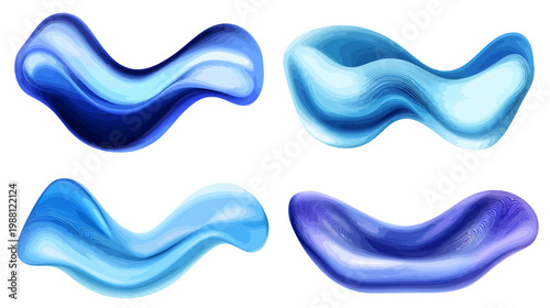 Four abstract, flowing shapes in varying shades of blue and purple on a white background