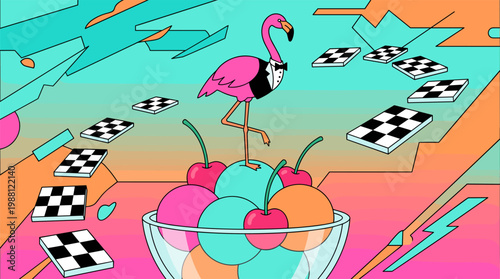 Flamingo in Tuxedo Standing on Giant Ice Cream Sundae, Pop Surrealism Flat Illustration with Bold Outlines