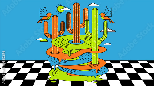 Melting Vinyl Records with Saguaro Cacti and Birds Pop Surrealism Flat Illustration with Bold Outlines