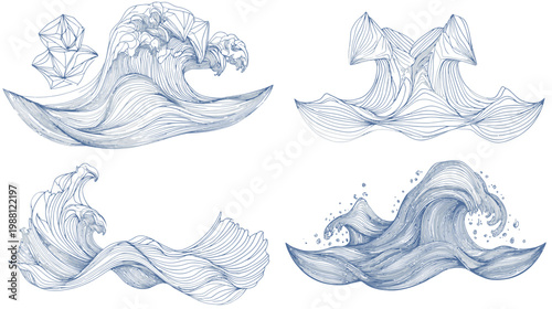 Four abstract illustrations of ocean waves with varying shapes and line weights, white background