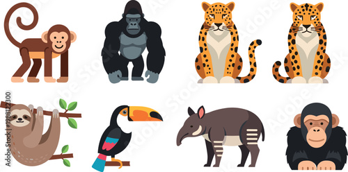 Cute flat jungle animal character icon set with monkey gorilla leopard sloth toucan and tapir for kids education design