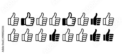 Set of Multiple rows of thumbs up icons in black and white outline. presented in black and white. Some are outlined, others are filled, suitable for rating systems.