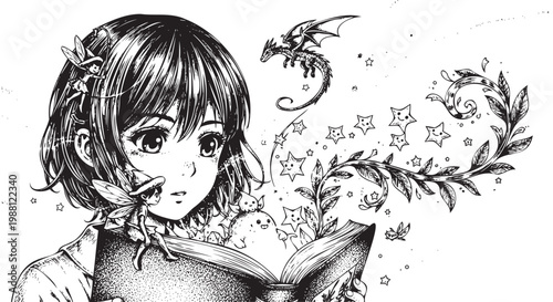 Girl reading book with fairies and dragon emerging