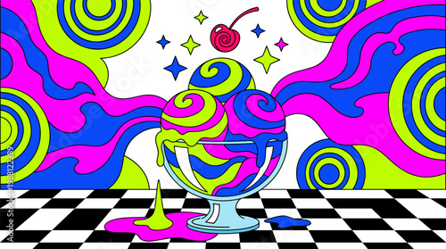 Surreal Melting Ice Cream Sundae with Checkers and Stars, Pop Surrealism Flat Illustration with Bold Outlines