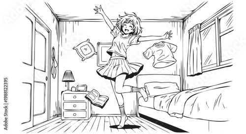 Happy Girl Dancing in Bedroom with Floating Clothes