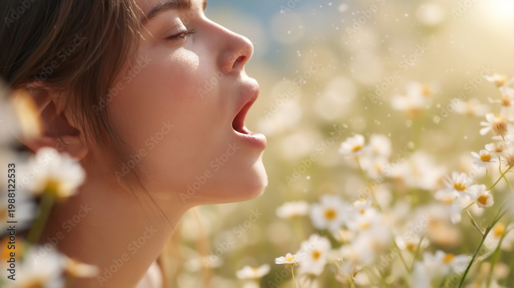 Fototapeta premium Japanese Female Pre-Sneeze Moment Nose Mouth Facial Muscle Distortion Bright Airy Lighting Soft Focus Wildflower Field Pollen Sparkle Background 