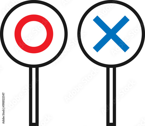 丸とバツのマークが描かれたプラカード