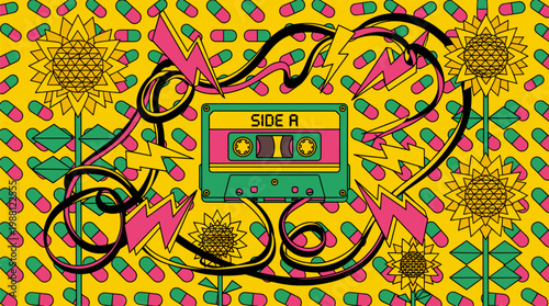 Vintage Cassette Tape Unspooling into Geometric Flower Garden, Pop Surrealism Flat Illustration with Bold Outlines