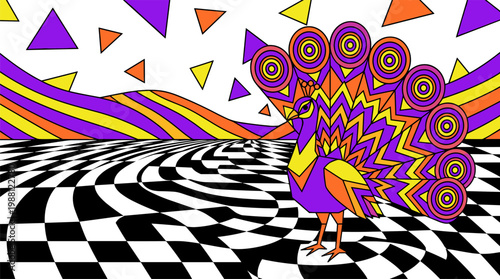 Majestic Psychedelic Peacock with Concentric Circle Tail on Checkerboard Floor Pop Surrealism Flat Illustration with Bold Outlines