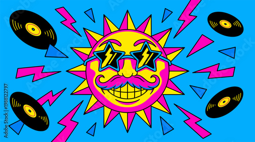 Anthropomorphic Sun Wearing Star Sunglasses with Vinyl Records Pop Surrealism Flat Illustration with Bold Outlines