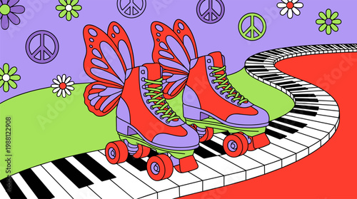 Retro Roller Skates with Butterfly Wings on Piano Key Path Pop Surrealism Flat Illustration with Bold Outlines
