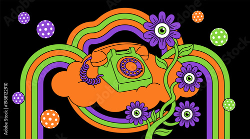 Surreal Rotary Telephone with Eyeball Flowers and Concentric Arches Pop Surrealism Flat Illustration with Bold Outlines