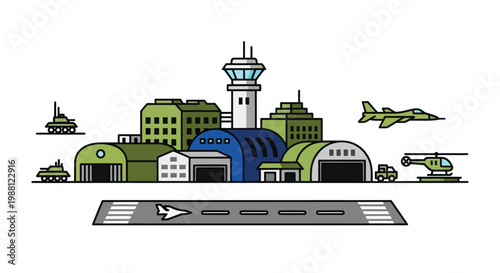 Airport terminal with control tower, hangars, runway and aircraft vector illustration