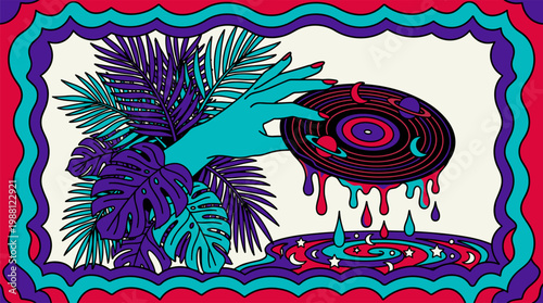 Melting Vinyl Record Held by Hand with Planets and Palm Leaves Pop Surrealism Flat Illustration with Bold Outlines