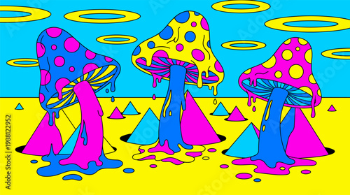 Melting Mushrooms in Geometric Landscape Pop Surrealism Flat Illustration with Bold Outlines