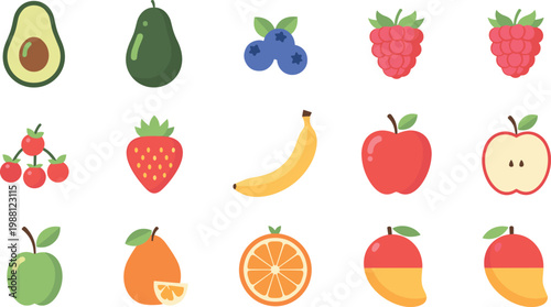 Colorful flat fruit icon set with avocado berries banana apple orange mango and strawberry for healthy food design