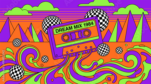 Retro Cassette Tape Unspooling Into Liquid Waves and Geometric Mountains Pop Surrealism Flat Illustration with Bold Outlines