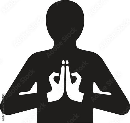 Silhouette of person meditating with hands in prayer pose and mudra gesture.