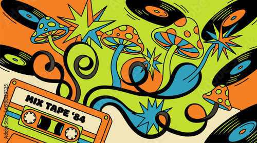 Vintage Cassette Tape Mushroom Landscape Pop Surrealism Flat Illustration with Bold Outlines