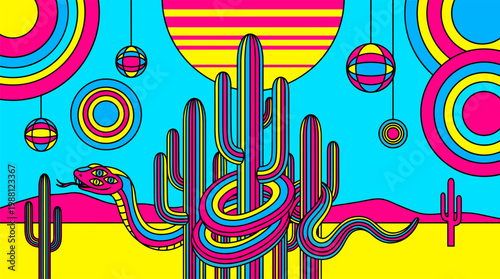 Majestic Multi-Eyed Desert Serpent and Striped Cacti, Pop Surrealism Flat Illustration with Bold Outlines