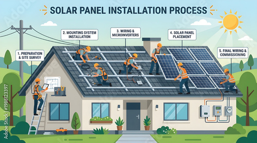 Detailed illustration showcasing the complete process of solar panel installation on a modern house