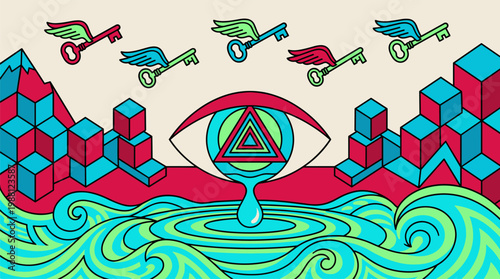 Surreal Geometric Eye with Nested Triangles and Cubist Mountain Peaks Pop Surrealism Flat Illustration with Bold Outlines
