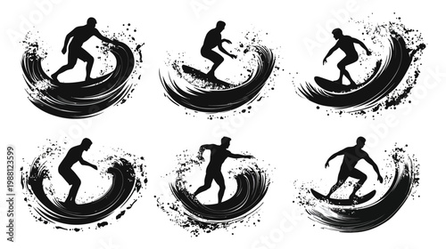 Silhouettes of surfers riding waves, depicted with brush strokes and a splash effect, monochrome