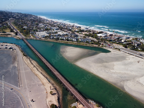 Obraz na plátně Aerial View of Coastal Railway Bridge and Lagoon in Del Mar, California