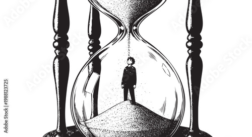 Boy trapped in hourglass with falling sand