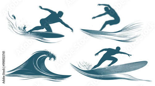 Artistic depiction of surfing. Silhouetted figures ride waves with stylized water effects. Simple graphic