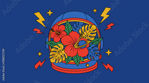 Astronaut Helmet Tropical Flower Garden Pop Surrealism Flat Illustration with Bold Outlines