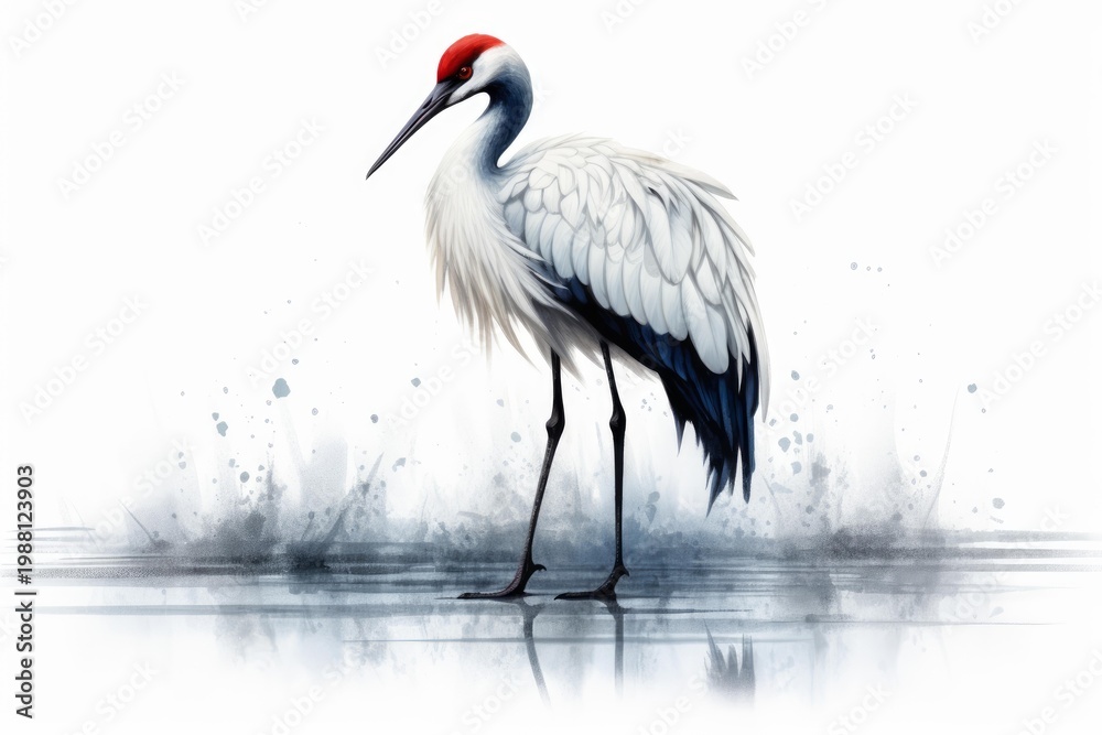 Fototapeta premium Red crowned crane symbolizing longevity, elegance, and good fortune in a watercolor painting