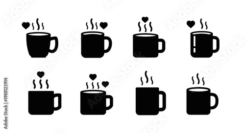 Set of solid black coffee mug icons with rising steam and heart shapes for minimalist cafe branding and kitchen equipment symbols isolated on white background