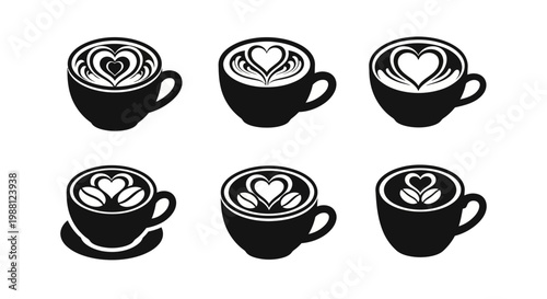 Set of black and white coffee cups with latte art isolated on white background, different shapes of hearts and leaves inside drink