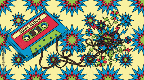 Retro Cassette Tape Unspooling into Flower Garden Flat Illustration Pop Surrealism Style with Bold Outlines