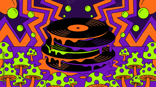 Melting Vinyl Records and Polka Dot Mushrooms Pop Surrealism Flat Illustration with Bold Outlines