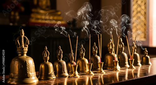 Row of golden brass bell and burning incense stick with smoke in bright temple room