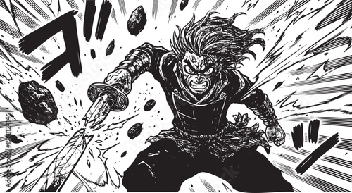 Manga style muscular man with sword in action pose
