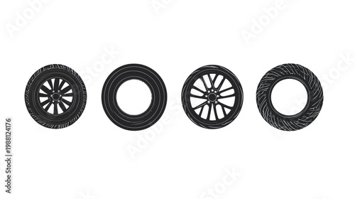 A collection of four black and white illustrations featuring tire designs, varying tread patterns