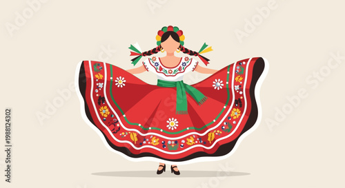 Traditional Mexican Dancer in a Vibrant Embroidered Folklorico Dress with Braids