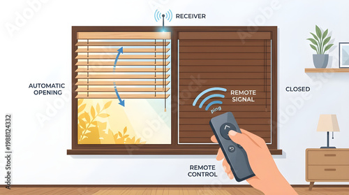 Automated Window Blinds Operated by Remote Control Illustrating Smart Home Comfort and Modern Living