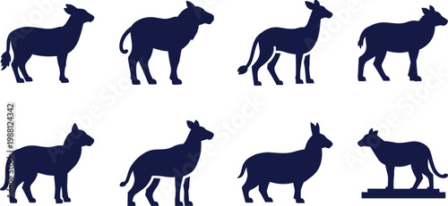 Farm animal silhouette icon set with cow donkey goat and livestock shapes in minimal flat style for agriculture design