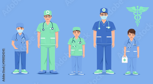 Medical professionals in uniform, including doctors and nurses, with a caduceus symbol in the background