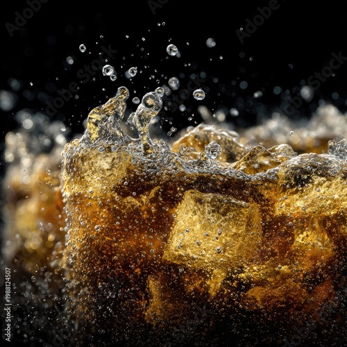 Close-up of Cold Coffee with Ice Cubes and Splash Effect in Dark Background