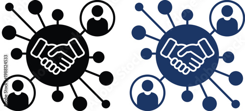 Modern corporate teamwork icons set featuring business network, people connections, leadership, meeting, and partnership symbols, solid vector collection for management, collaboration, and enterprise 
