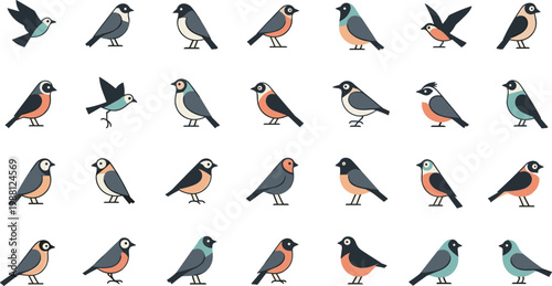 Minimal flat bird icon set with small songbirds in various poses for nature apps education and wildlife design projects